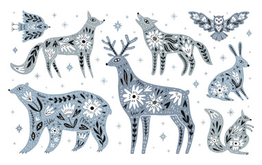 Forest animals and birds with floral patterns design set. Winter ornate bear, wolf, squirrel, deer, fox, hare and owl vector EPS 10 scandi style illustrations on the winter snowflake.