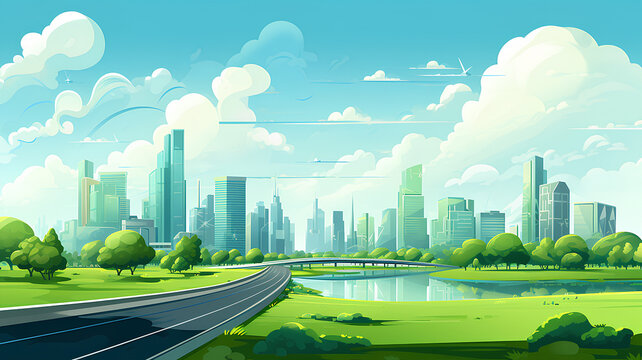 Green cityscape with road lake sky clouds.