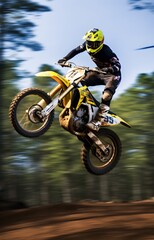 a man rider riding a sport dirt bike in a race doing jumping stunt in the air