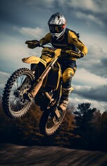 Fototapeta na wymiar a man rider riding a sport dirt bike in a race doing jumping stunt in the air
