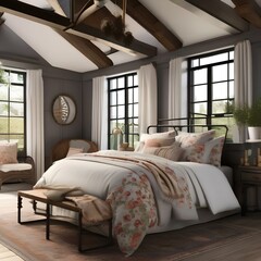 A cozy farmhouse-style bedroom with a wrought iron bed and floral bedding1