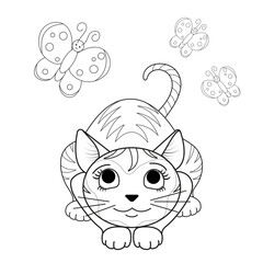 Funny cute cat watches butterflies. Black and white linear image. The illustration is done by hand in a cartoon style. Concept for greeting cards, coloring pages.