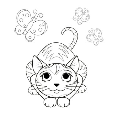 Funny cute cat watches butterflies. Black and white linear image. The illustration is done by hand in a cartoon style. Concept for greeting cards, coloring pages.