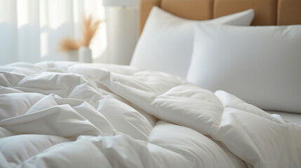 Fototapeta na wymiar Bright and airy image of white folded duvets on white bed, Ideal for highlighting elegance and quality of hotel or home bedding, AI Generated