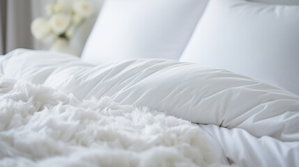 Fototapeta na wymiar Bright and airy image of white folded duvets on white bed, Ideal for highlighting elegance and quality of hotel or home bedding, AI Generated