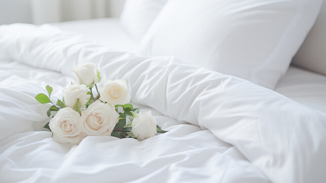 Bright and airy image of white folded duvets on white bed, Ideal for highlighting elegance and quality of hotel or home bedding, AI Generated