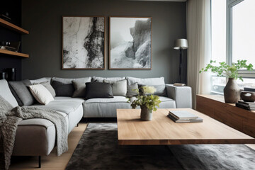 Icelandic interior design of living room with gray sofa, paintings on the wall and coffee table, cozy atmosphere for rest