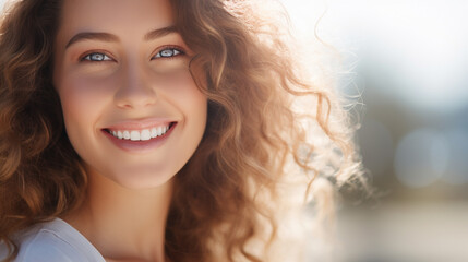 Bright and cheerful image of young woman smiling broadly, Highlighting her flawless white teeth, AI Generated