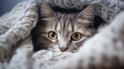 Naklejka na ściany i meble Charming and cute photo of cat snuggled under gray knitted blanket with just its eyes and ears visible, AI Generated