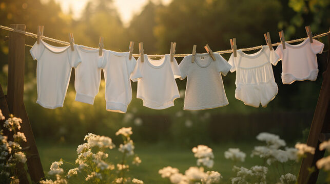 Quaint and picturesque photo of white baby clothes on laundry line with sun shining and gentle breeze, AI Generated