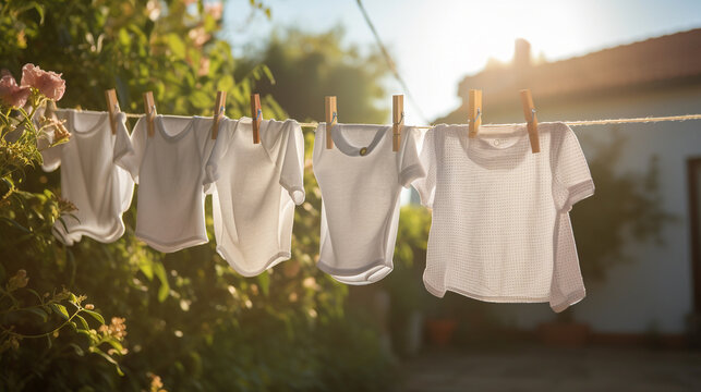 Quaint and picturesque photo of white baby clothes on laundry line with sun shining and gentle breeze, AI Generated