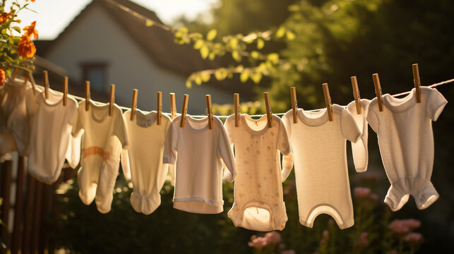 Quaint and picturesque photo of white baby clothes on laundry line with sun shining and gentle breeze, AI Generated