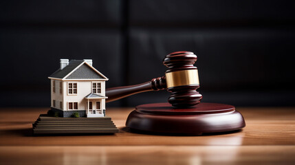 Gavel next to miniature house set against background of legal documents, Concept of real estate law and investment, AI Generated