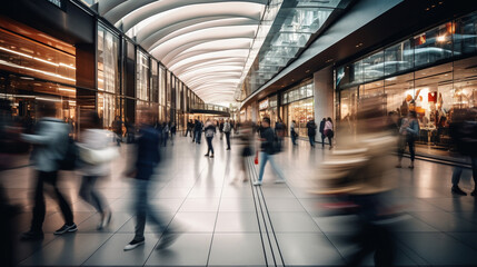 Bustling and lively depiction of shopping mall with motion of stores and people blurred, Dynamic and busy nature of mall, AI Generated - obrazy, fototapety, plakaty