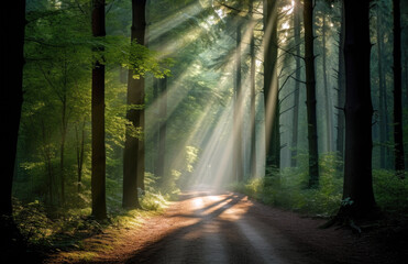 Forest landscape. Sunlight filtering through forest trees