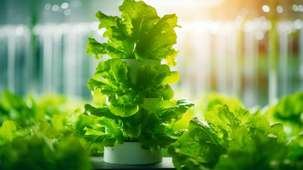 Bright and inviting image of lettuce growing vertically in hydroponic tower, Effectiveness of using nutrient-rich water for plant growth, AI Generated - obrazy, fototapety, plakaty