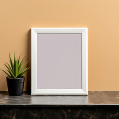 Fototapeta na wymiar Fotografia de estilo mockup de marco de color claro sobre pared de tonos calidos