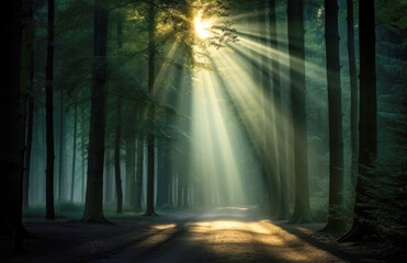 Fototapeta premium Forest landscape. Sunlight filtering through forest trees