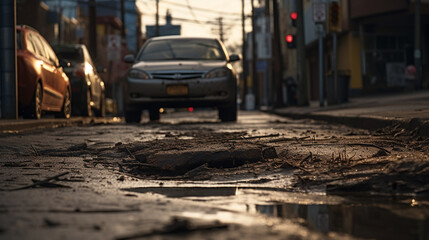 Dynamic and striking photo of deteriorated city street or road with prominent potholes in asphalt...