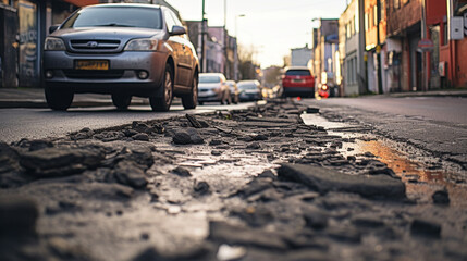 Dynamic and striking photo of deteriorated city street or road with prominent potholes in asphalt...