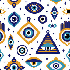 Fototapeta premium Evil eye seamless pattern. Eye of providence, decorative spiritual turkish greek protection talisman fabric print. Decent vector magic background