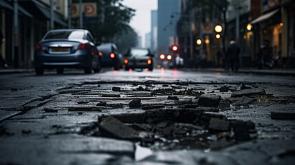 Dynamic and striking photo of deteriorated city street or road with prominent potholes in asphalt pavement, AI Generated - obrazy, fototapety, plakaty