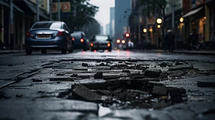 Photo sur Plexiglas Etats Unis Dynamic and striking photo of deteriorated city street or road with prominent potholes in asphalt pavement, AI Generated