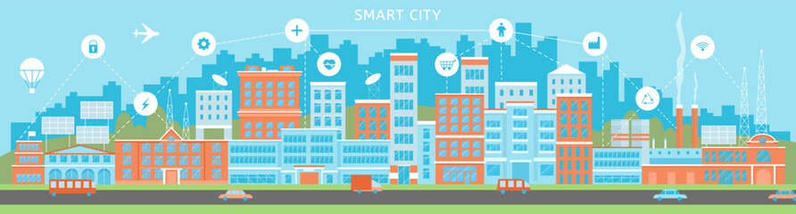 Smart city flat scene. Skyscraper and office buildings, apartments and road with transport. Technologies and urbanization, digital town decent vector landscape