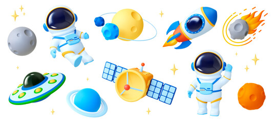 Space cartoon 3d elements. Ufo ship, rocket and astronaut character in suit. Realistic universe objects in plastic style. Planets and satellite pithy vector set