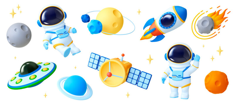 Space cartoon 3d elements. Ufo ship, rocket and astronaut character in suit. Realistic universe objects in plastic style. Planets and satellite pithy vector set