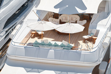 Close up footage of a relaxation area on the open teak deck of an expensive megayacht at sunny day, with awnings stretched over the deck to protect from the sun, wealth life, table and chairs