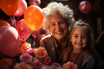 Kolorowe chwile z babcią - ujęcie pełne miłości, balonów i uśmiechów. - obrazy, fototapety, plakaty