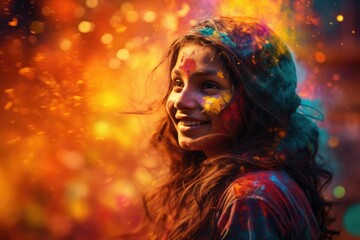 Indian festival of colors Holi. Portrait of a girl with glasses and colored paint on her face. Holiday. Joy.