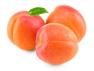 three apricot fruits with green leaf isolated on white background. clipping path