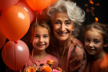 Fototapeta na wymiar Kolorowe chwile z babcią - ujęcie pełne miłości, balonów i uśmiechów.