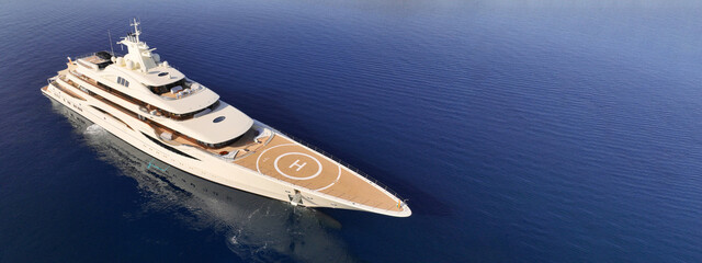 Aerial drone ultra wide panoramic photo with copy space of latest technology modern mega yacht with...