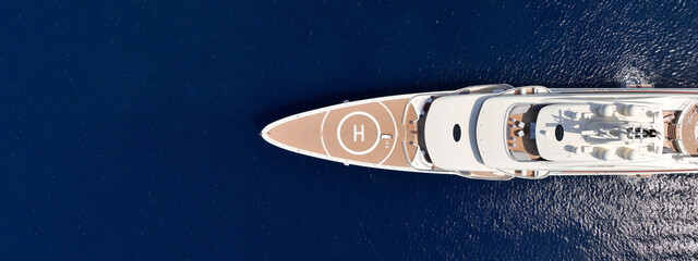 Aerial drone ultra wide panoramic photo with copy space of latest technology modern mega yacht with...