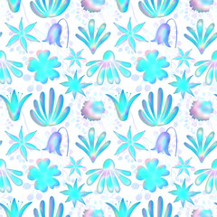 Iridescent seamless pattern with flowers Neon digital jpg paper Scrapbook, textile, fabric and paper design. Surface pattern design Background with botanical illustrations