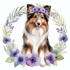 Fototapeta premium Graceful Watercolor Portrait of Shetland Sheepdog, Wearing a Purple Flower Crown, Surrounded by a Purple Flower Garland