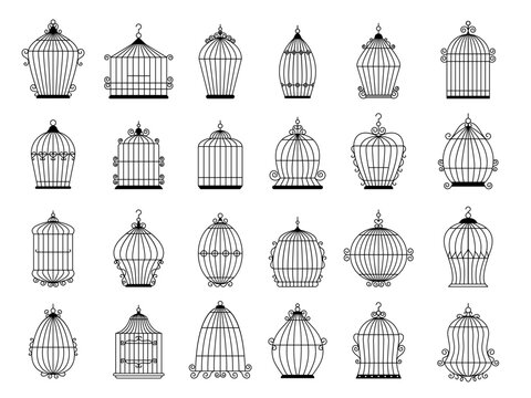Cage for birds. Vector silhouettes collection of cage for birds canary recent illustrations template