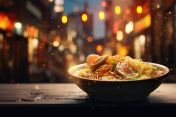 delicious beautiful bowl of ramen. Noodles with egg. Japanese dish, Chinese food. Thai street food. Asian dish. - Powered by Adobe
