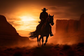 Fototapeta na wymiar silhouette of a man cowboy riding a horse in the middle of the desert 