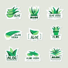 Aloe logo. Botanical healthy plant symbols recent vector aloe vera badges with place for text