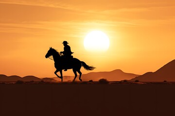 silhouette of a man cowboy riding a horse in the middle of the desert 