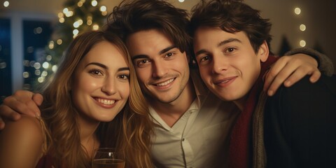 Obraz premium friends are taking a picture in front of a Christmas tree, in the style of portraits with soft lighting, generative AI