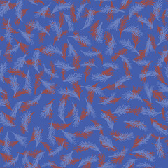 Fir tree needles, botany seamless repeat pattern. Random placed, vector branches all over surface print on lilac background.