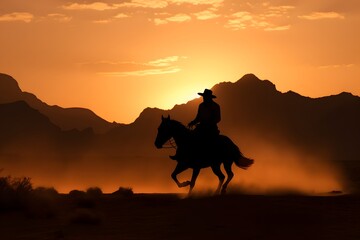 Fototapeta na wymiar silhouette of a man cowboy riding a horse in the middle of the desert 