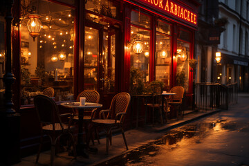 Street Scene with a Traditional French Cafe, Parisian Nightlife: Cafe Culture in Montmartre - obrazy, fototapety, plakaty