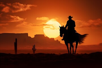 silhouette of a man cowboy riding a horse in the middle of the desert 