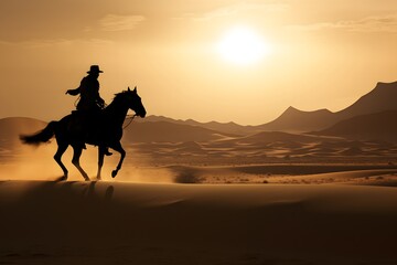 silhouette of a man cowboy riding a horse in the middle of the desert 